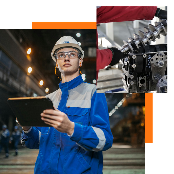 collage: factory worker holding tablet, assembling machinery