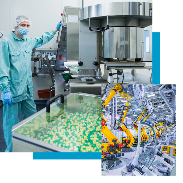 collage: worker in pharmaceutical manufacturing setting, large robotic arms in factory