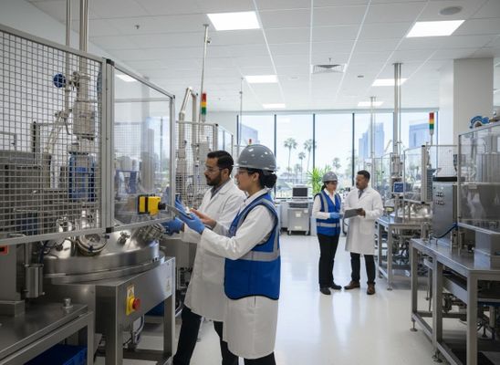 Scientists and engineers operating industrial machinery in a modern facility