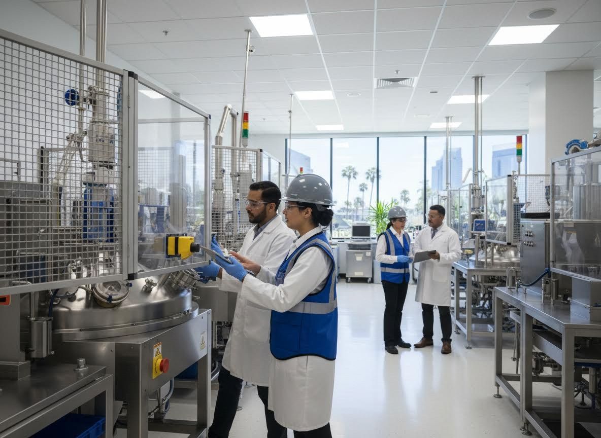 Scientists and engineers operating industrial machinery in a modern facility