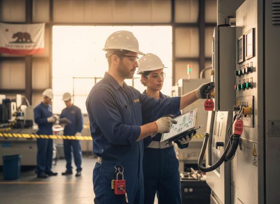 Industrial Workers Operating Machine Control Panel