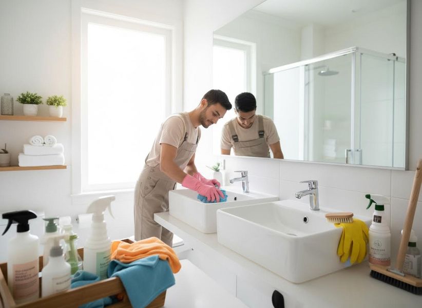 Two professional cleaners tidying a modern bathroom