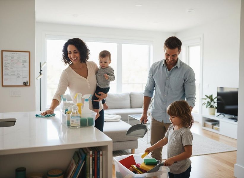 Happy family cleaning their home together