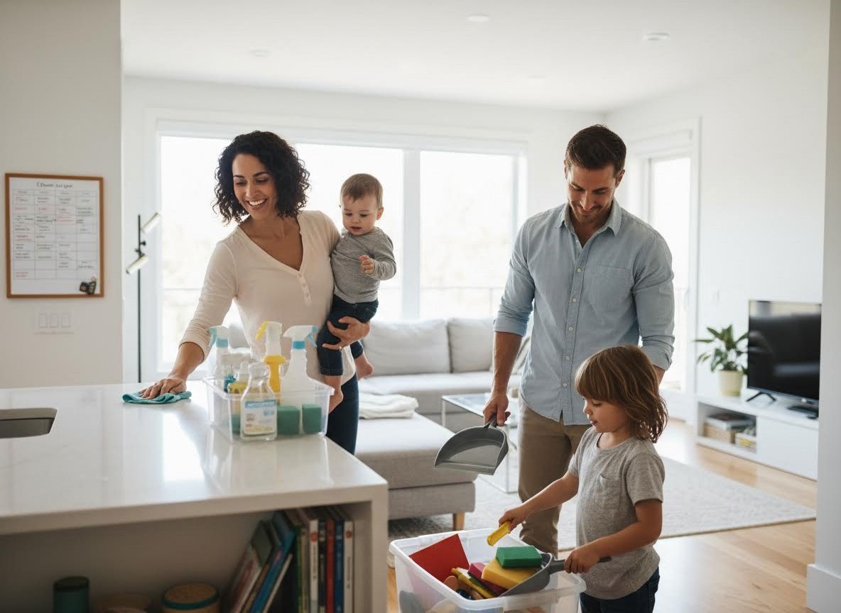 Happy family cleaning their home together