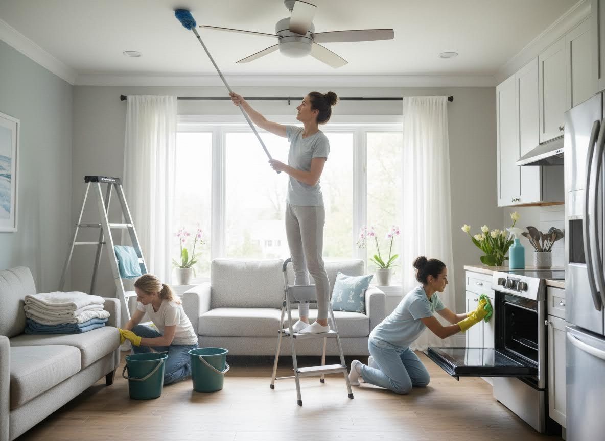 Three Women Cleaning a Modern Home