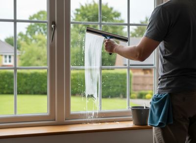 Person cleaning a window with a squeegee
