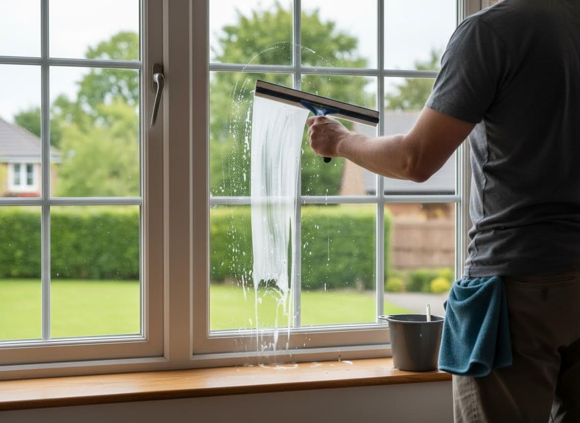 Person cleaning a window with a squeegee