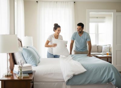 Smiling couple making bed