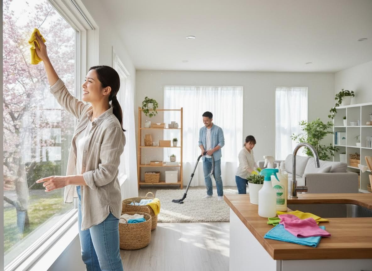 People cleaning a bright modern home