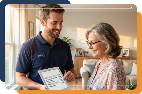 Professional plumber presenting an upfront, honest service estimate on a digital tablet to a Nashville homeowner.