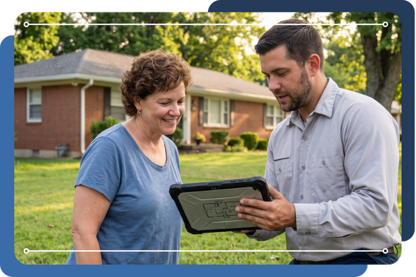 A square, candid photo showing a smiling NashCore technician (from image_0.png) explaining diagnostic results on a tablet to a Nashville homeowner on her front lawn, with a green septic riser visible nearby, highlighting local trust.