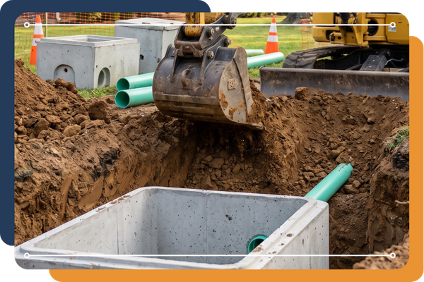 A documentary-style square photo capturing a yellow compact excavator operated by a NashCore technician wearing a hard hat, digging a deep trench in brown clay soil. Sections of green septic pipe and concrete distribution boxes are ready for installation i