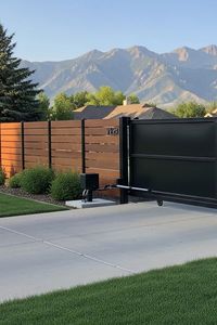 horizontal wood slat fence and automatic metal gate 