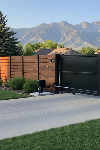 horizontal wood slat fence and automatic metal gate 