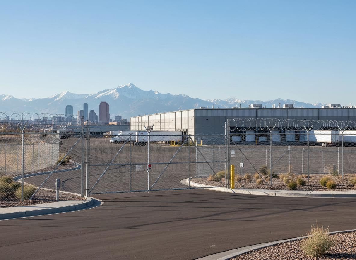 Industrial Warehouse with City and Mountain Backdrop