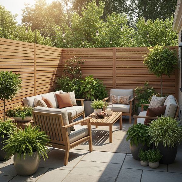 A private backyard seating area enclosed by a modern horizontal wood fence, illustrating defined outdoor living spaces.