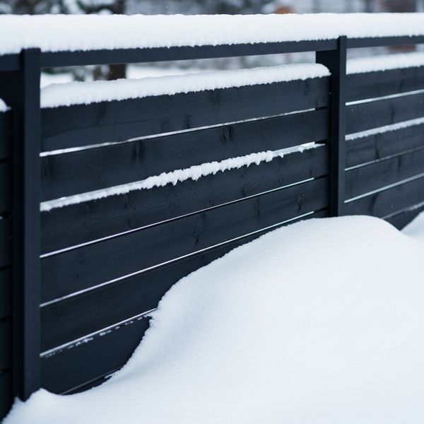 A professional photo of a modern fence with a fresh layer of crisp white snow piled at the base and along the top rail. The image should emphasize the contrast between the clean fence lines and the winter elements. No text. Clean, professional stock photo 