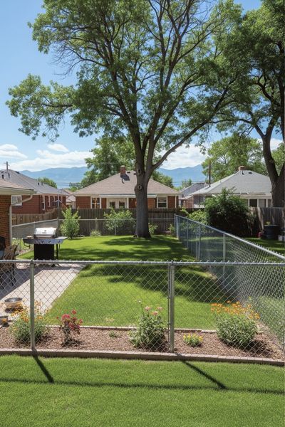 chain link fence with a manured backyard landscape