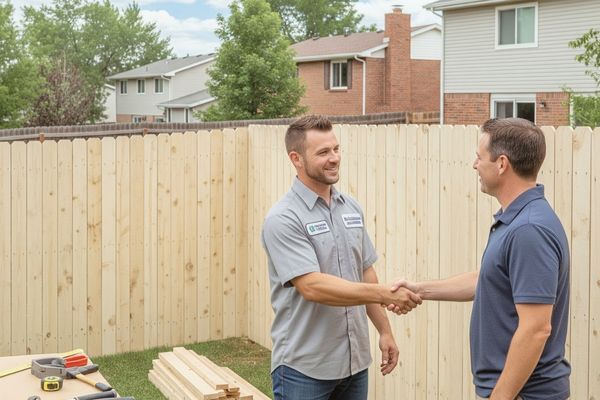 fence installer greeting homeowner by wooden privacy fence