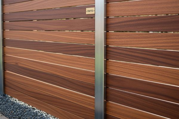 close up of an automatic gate with wood look metal 