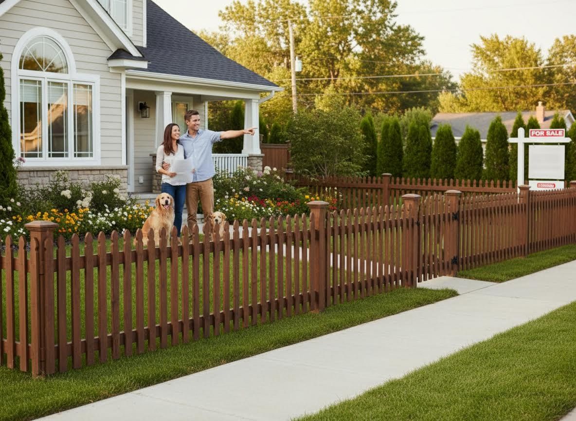 Couple with dogs in front of a house for sale