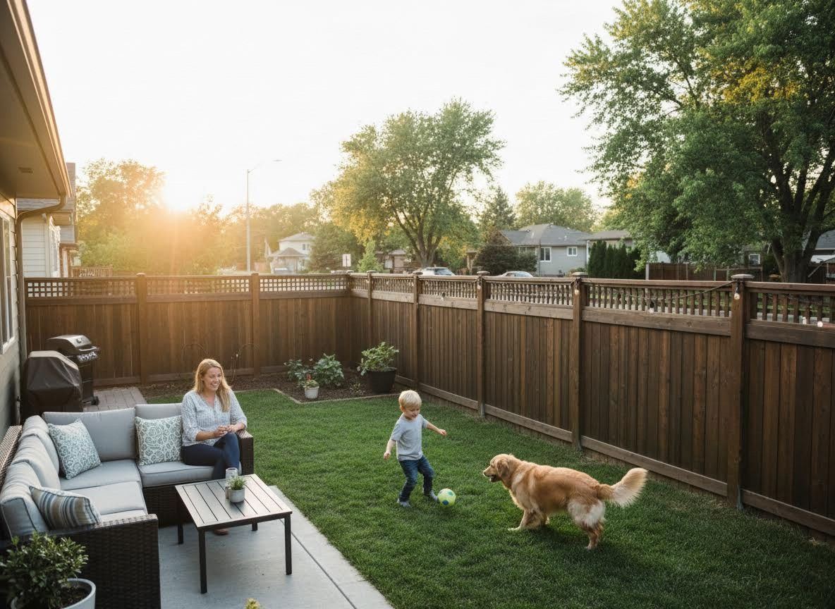Family relaxing and playing with dog in backyard at sunset