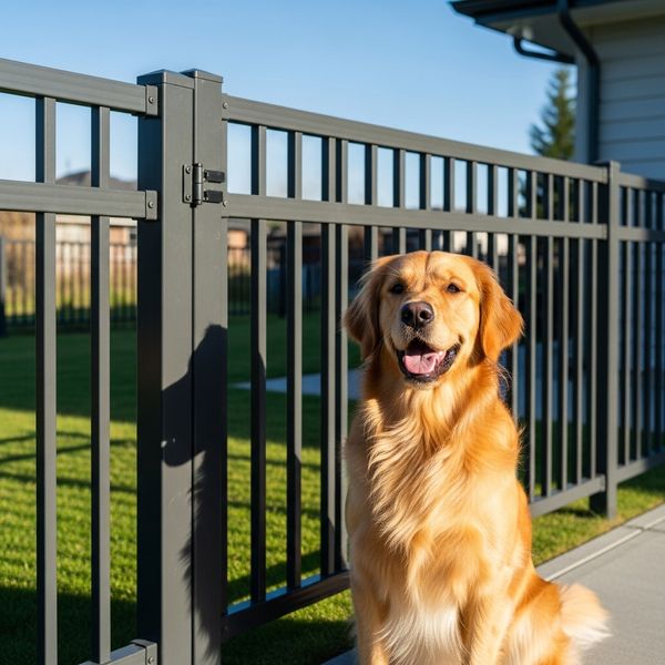 A happy dog safely contained in a backyard by a sturdy wood fence, representing security and peace of mind for families.