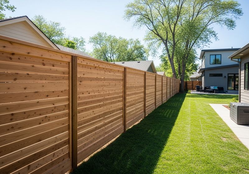 A newly installed premium cedar wood privacy fence in a sunny Denver backyard, showcasing high-quality craftsmanship and curb appeal.