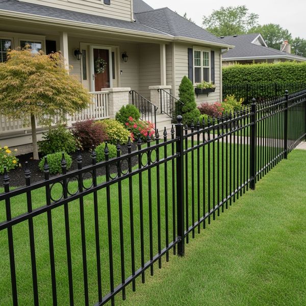 An elegant ornamental iron fence in front of a well-landscaped home, emphasizing increased curb appeal and property value.