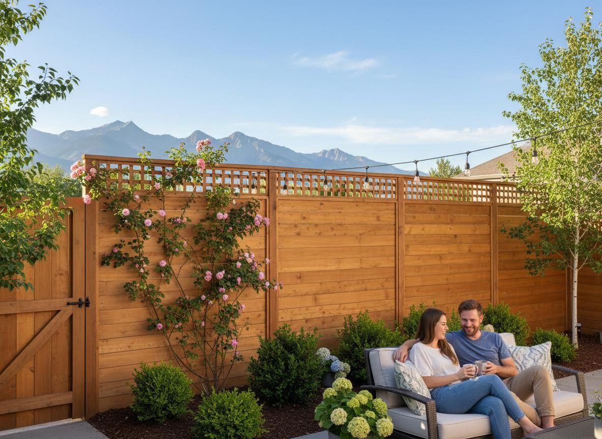 Couple relaxing on a patio with a wooden fence and mountain view