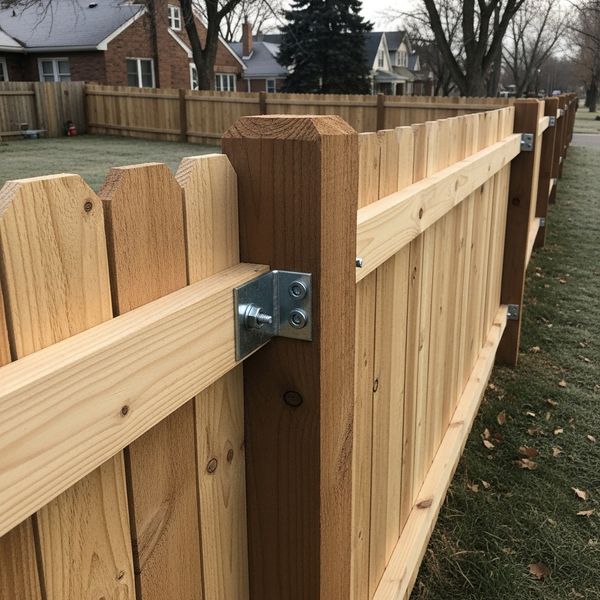 Detailed view of professional fence post installation and hardware.