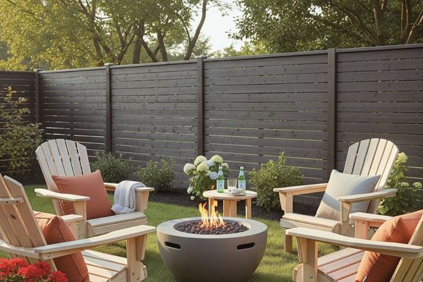 enclosed backyard fire pit with modern privacy fence