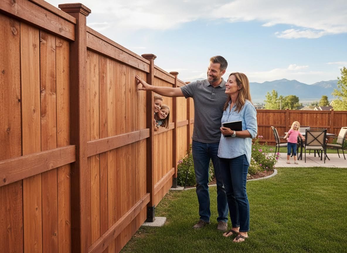 Family Inspecting New Wooden Privacy Fence in Backyard