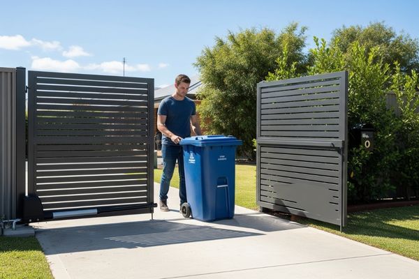 man pushes trash bin through automatic gate man pushes trash bin through automatic gate