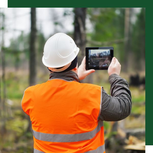 man in hard hat evaluating trees with tablet