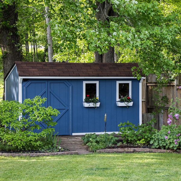 blue shed with large trees around it