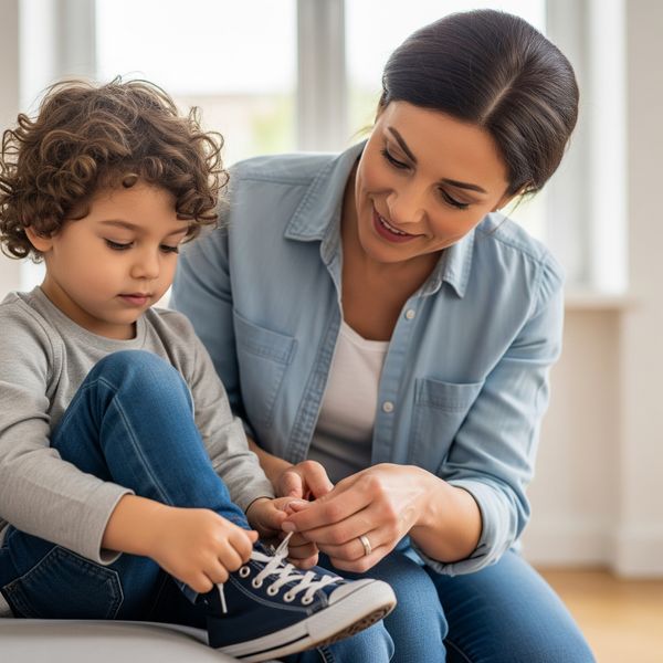 Mother hleping child tie their shoes. Mother hleping child tie their shoes.