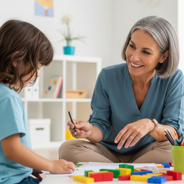 Therapist and child interacting positively, illustrating positive reinforcement. Therapist and child interacting positively, illustrating positive reinforcement.