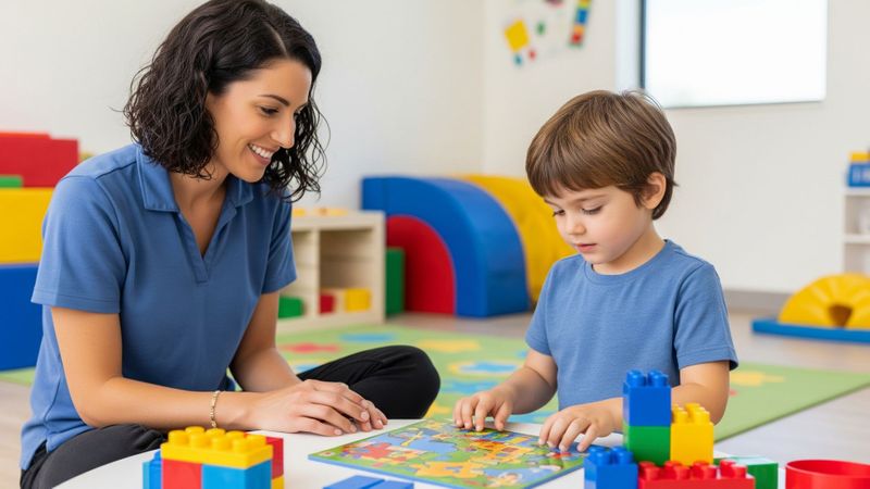 A child with autism engaged in early intervention ABA therapy with a compassionate therapist.