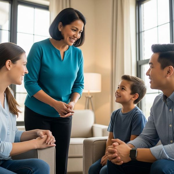 A family interacting positively with a therapist during a therapy session. 
