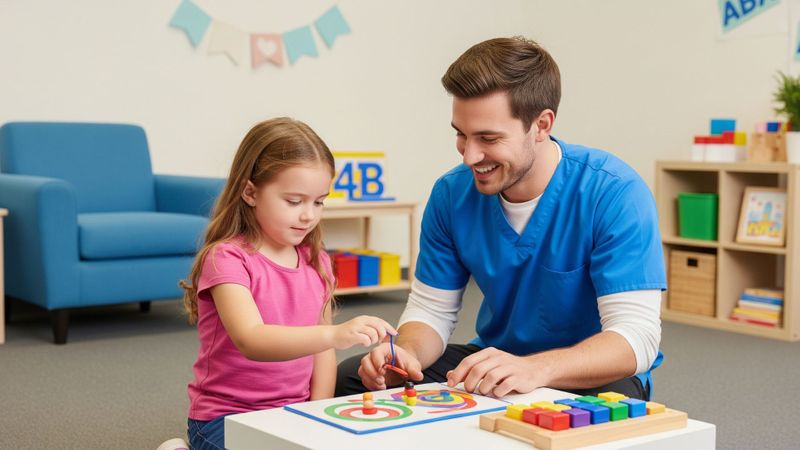A child receiving compassionate ABA therapy with a therapist in South Florida. 