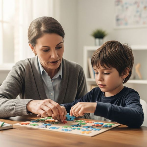 Parent doing a puzzle with a child. Parent doing a puzzle with a child.
