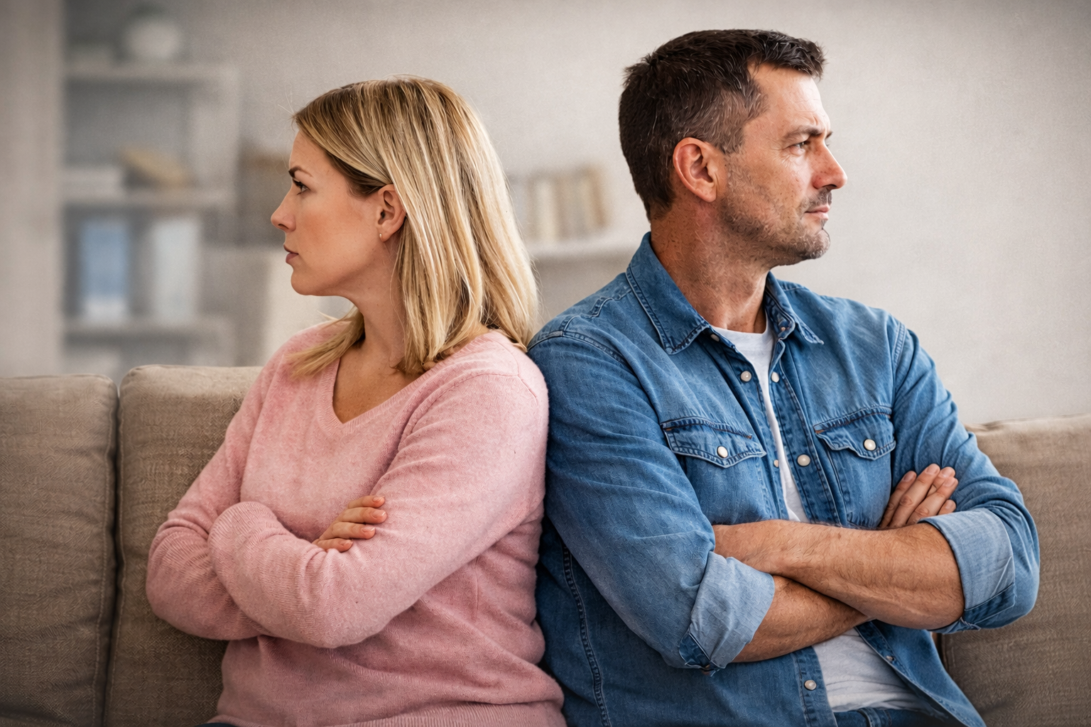 Parents sitting back-to-back, reflecting emotional distance during a divorce while prioritizing their child’s well-being. Navigating Divorce as Parents