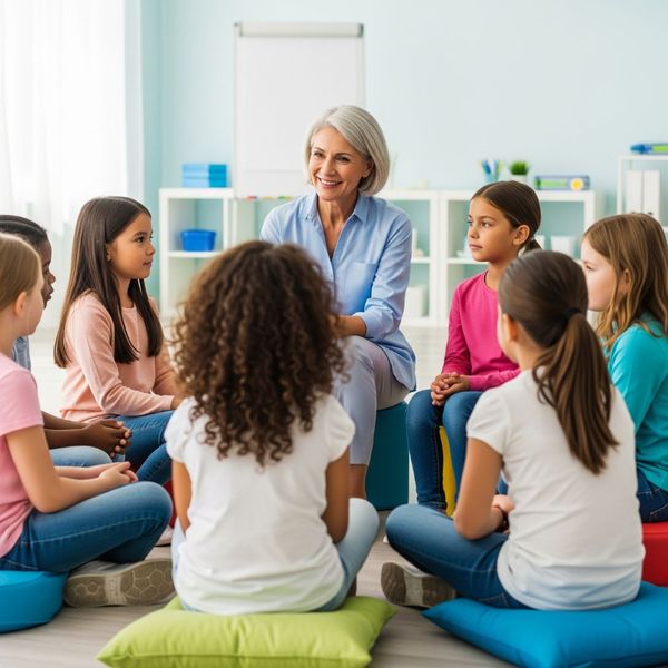 A diverse group of children engaged in a group therapy session.