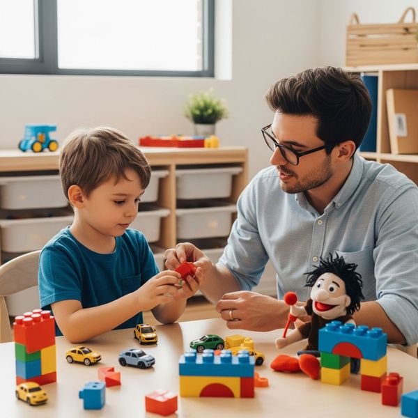 A child engaged in play therapy, demonstrating discrete trial training.
