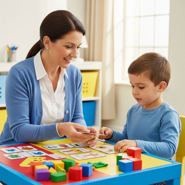 A therapist guiding a child in a structured learning activity