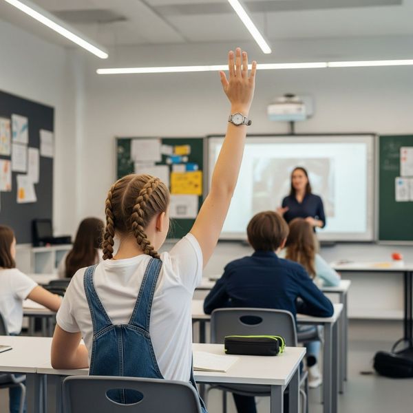 Child raising her hand in class. Child raising her hand in class.