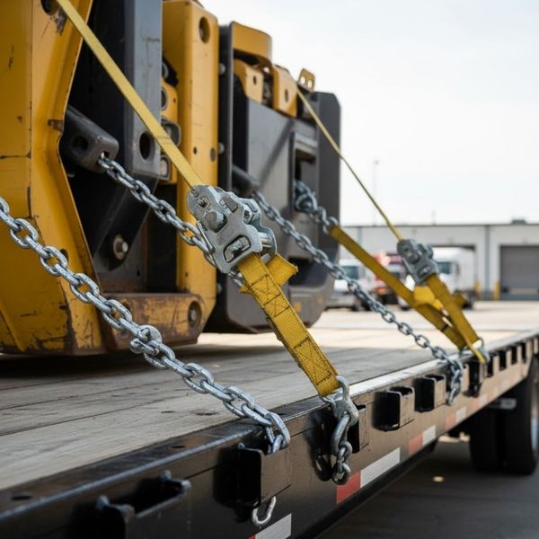 Close-up of heavy-duty straps and chains securing cargo on a flatbed deck.