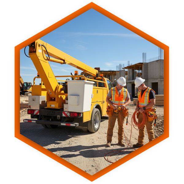 bucket truck parked at a construction site, with workers preparing gear beside it