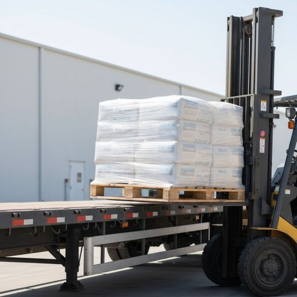 Close-up of a forklift placing a pallet on a flatbed truck deck.